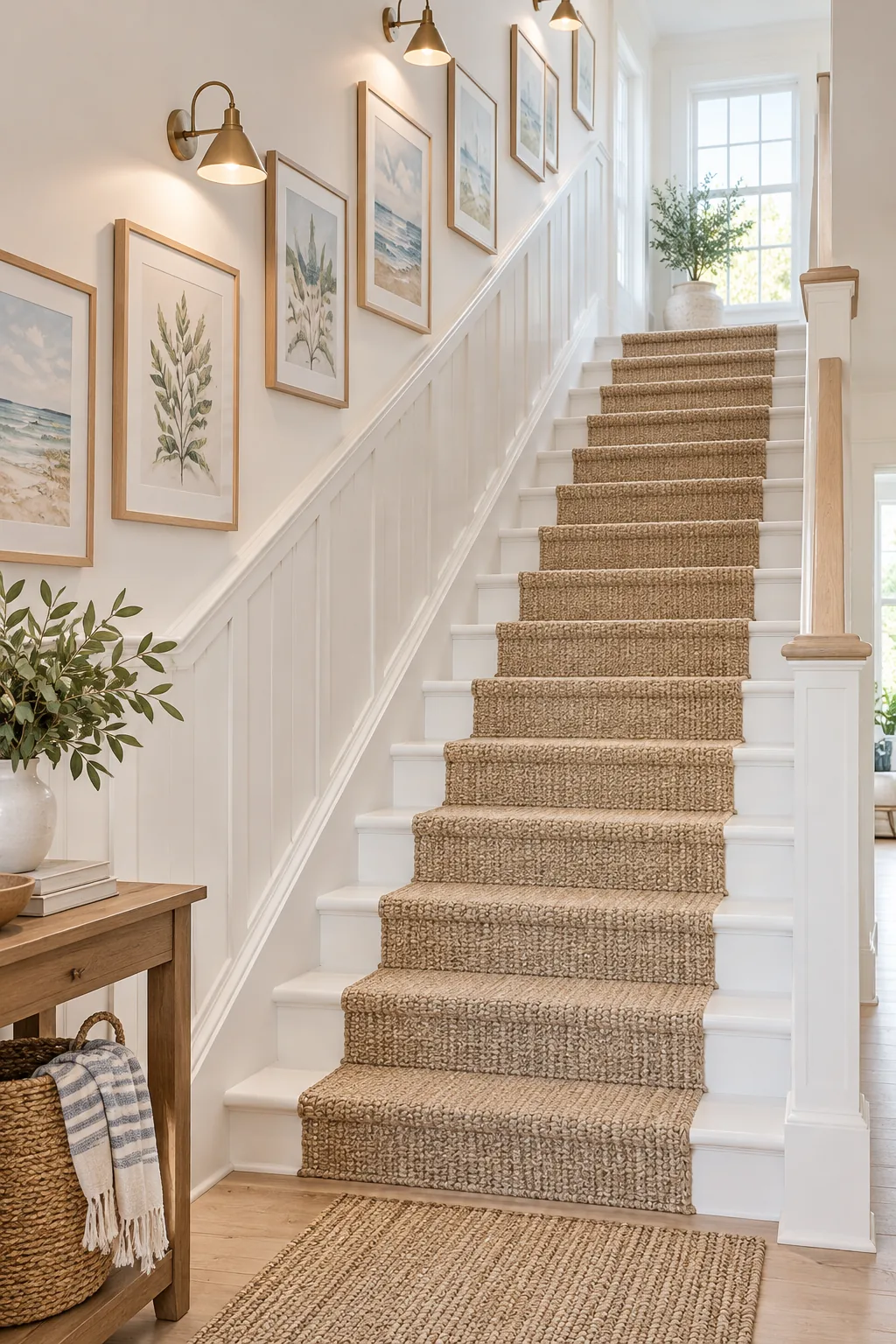 A bright coastal staircase with painted white steps, a natural sisal runner, and pastel watercolor art.