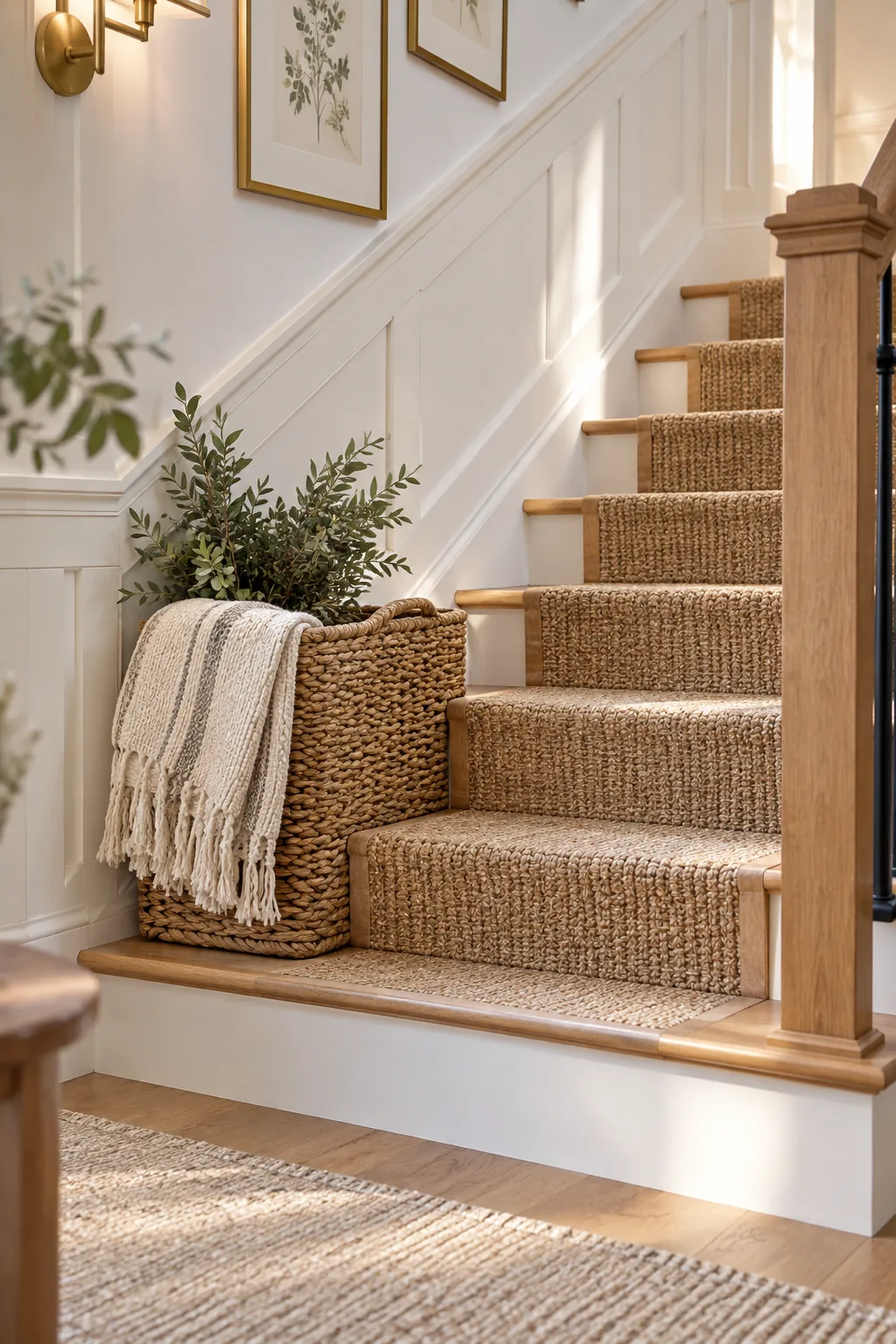 A woven L-shaped basket holding a folded blanket and a small plant, resting perfectly across the bottom two steps of a wooden staircase.