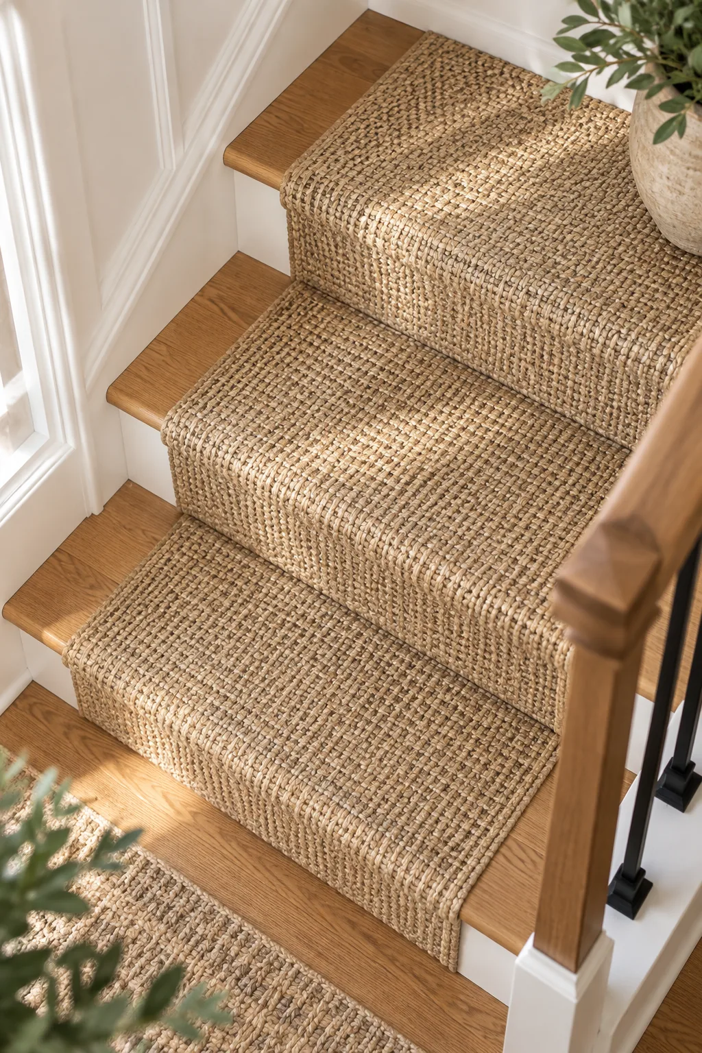Looking down at wooden stairs with a textured jute runner, showing exactly three inches of exposed wood on the sides.
