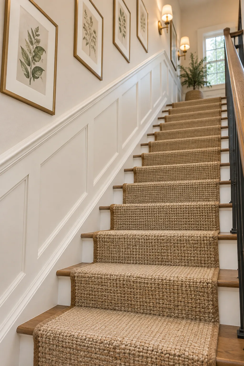 Close up of a woven stair runner wrapped tightly and securely over the rounded edge of a wooden stair tread.