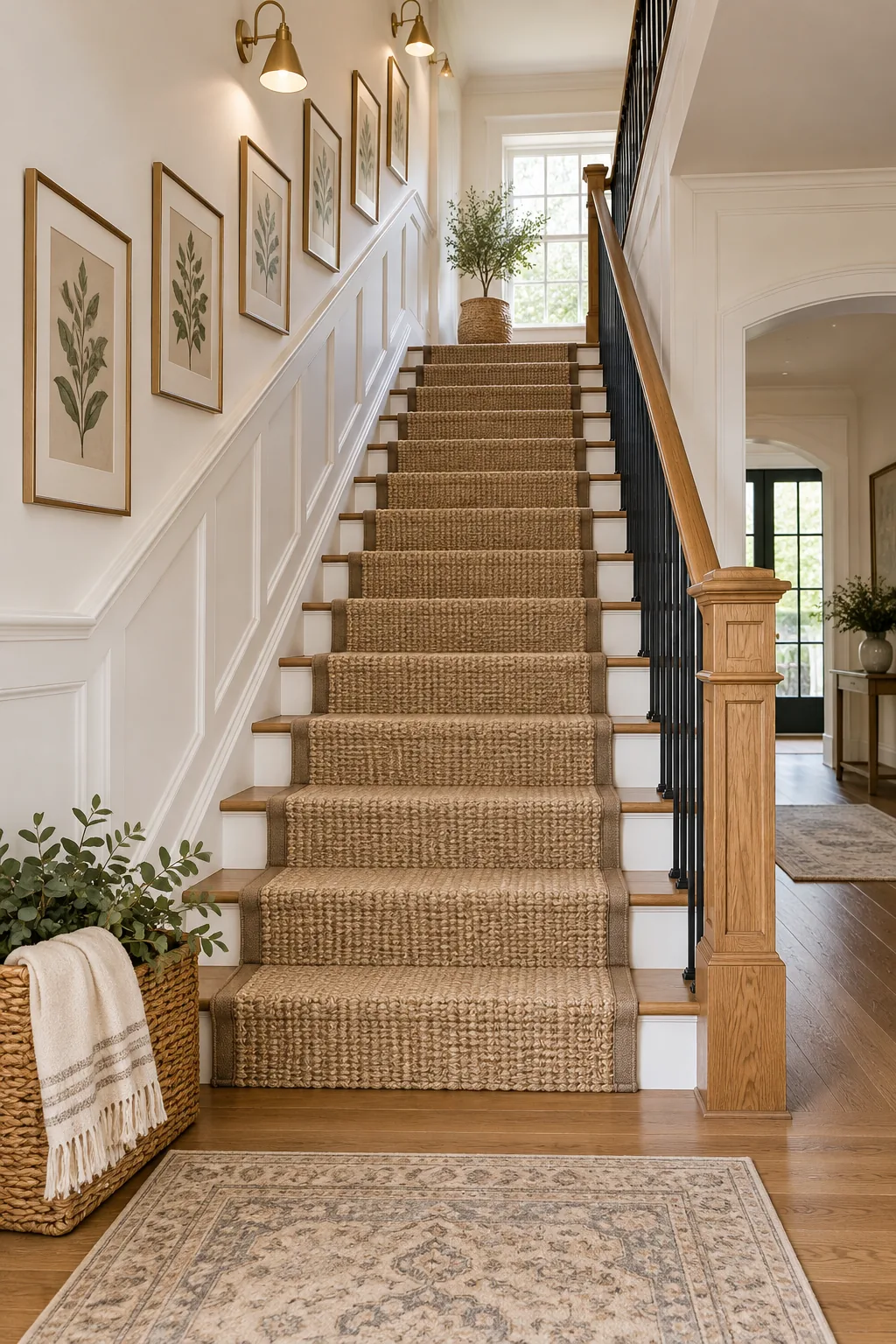 A gallery wall of botanical prints ascending alongside a staircase, perfectly matching the angle of the steps.