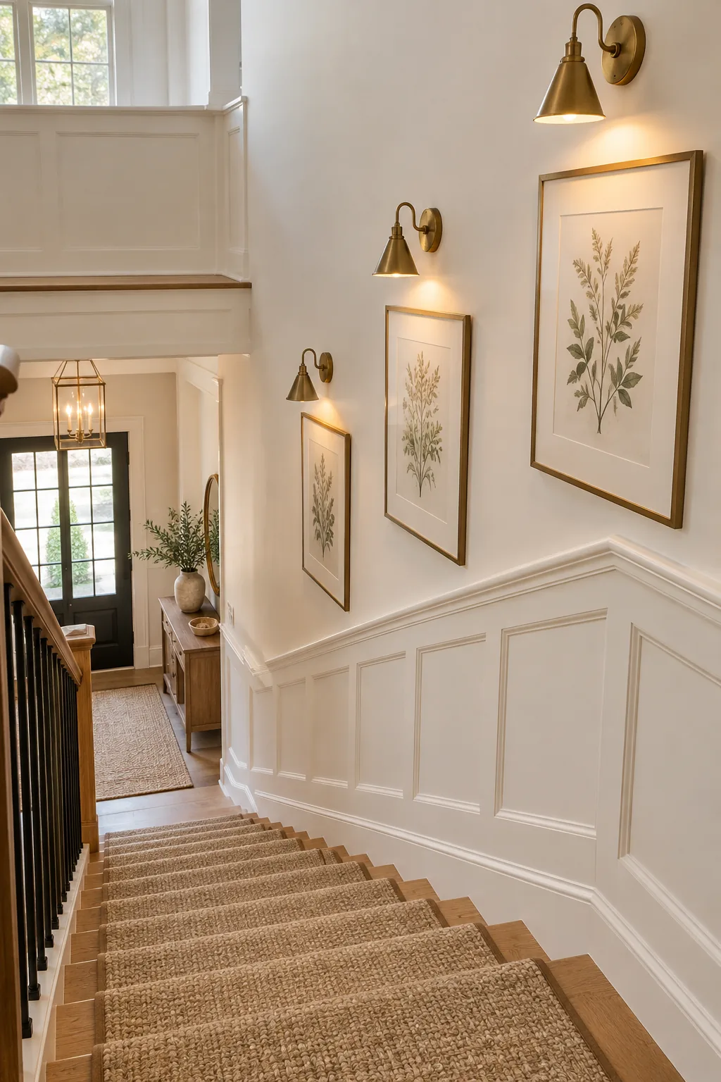 Three framed art pieces hung diagonally on a wall with even gaps between them.