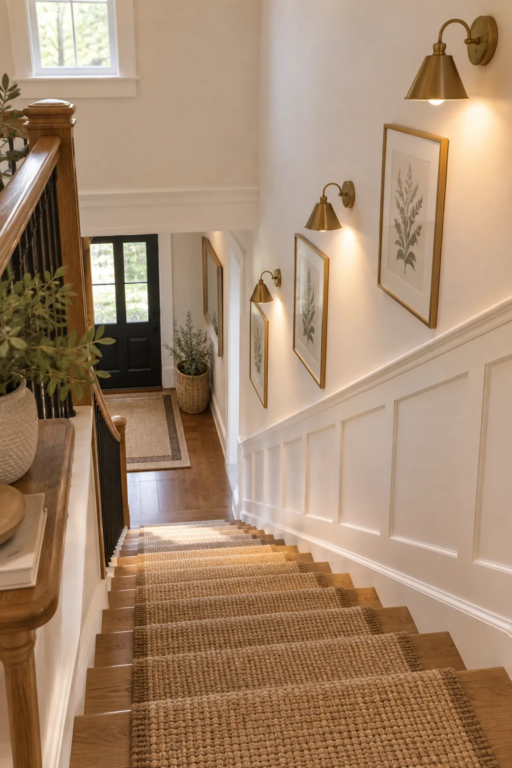 Looking down a staircase illuminated by warm brass wall sconces staggered along the wall.