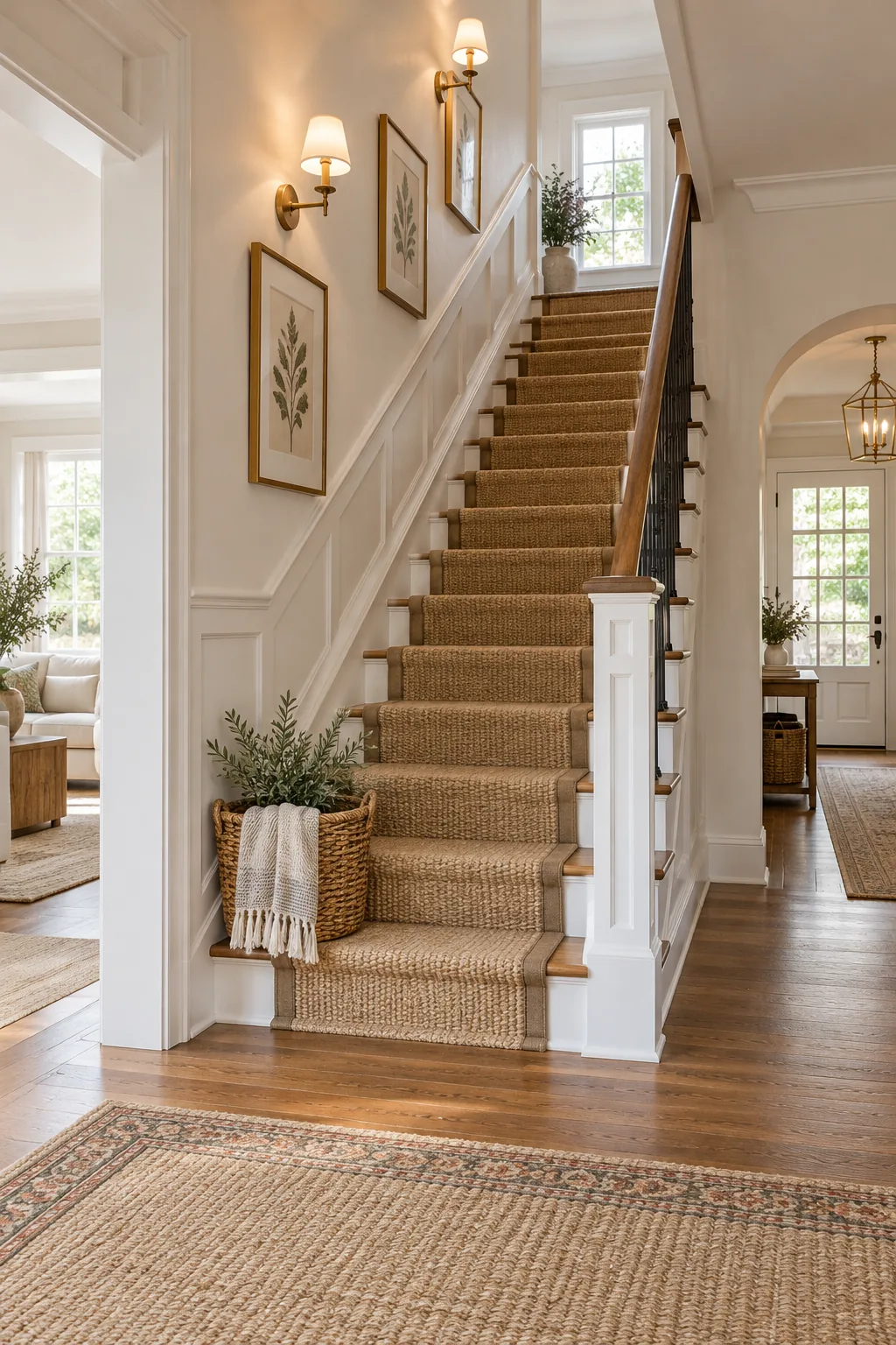 A fully decorated entryway staircase showing a runner, gallery wall, sconces, and a styled landing basket.
