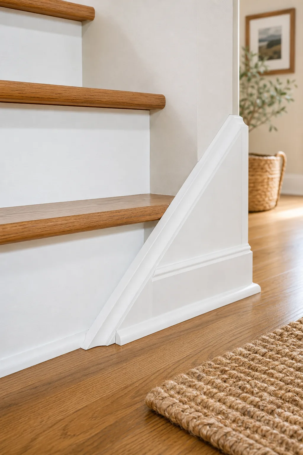 Close-up of a white painted skirt board meeting the baseboard trim at the bottom of a wooden staircase.