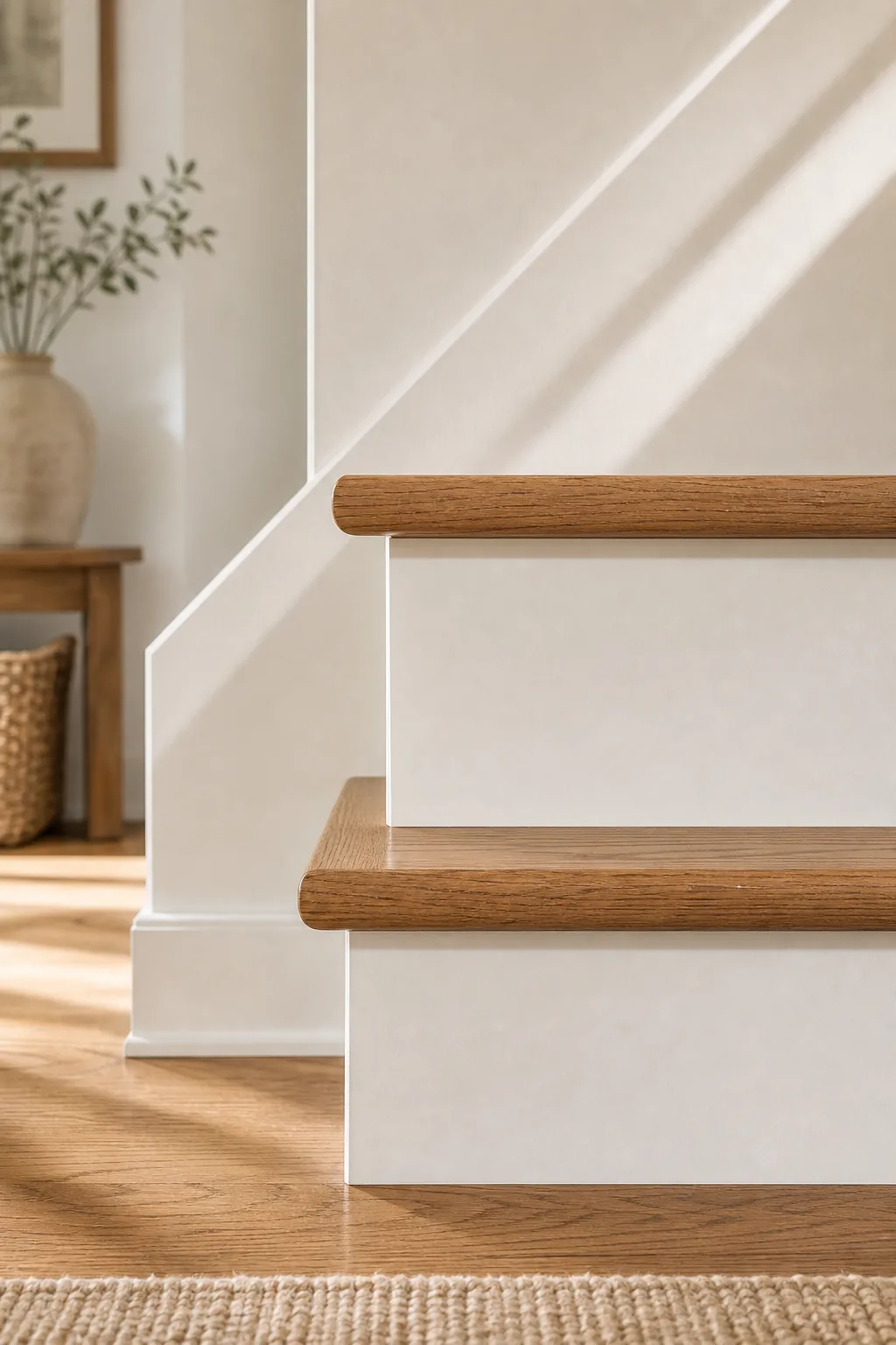 Side profile view of natural wood stair treads meeting crisp white painted risers.
