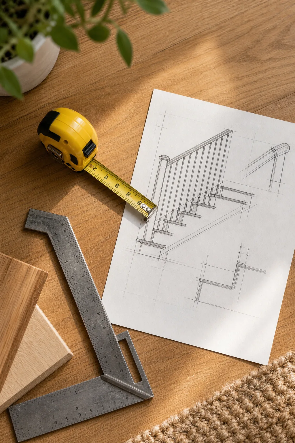 A yellow tape measure, carpenter's square, and staircase blueprint laid out on a wood floor.