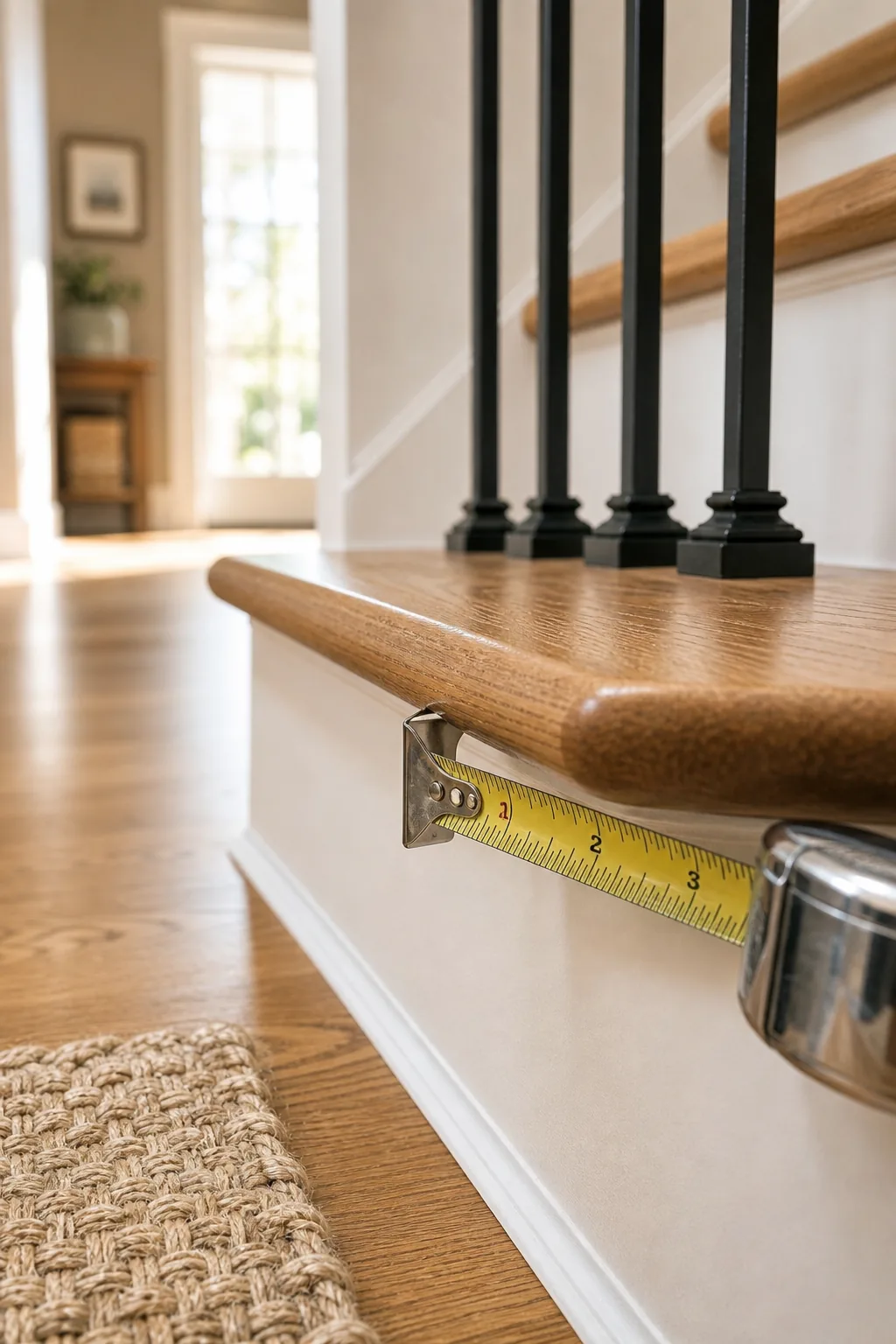 A metal tape measure hooking under the rounded wooden lip of a stair tread.