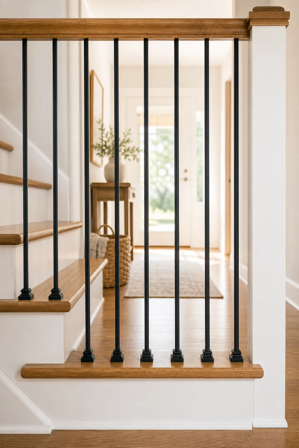 Black iron balusters spaced evenly along a white staircase stringer.