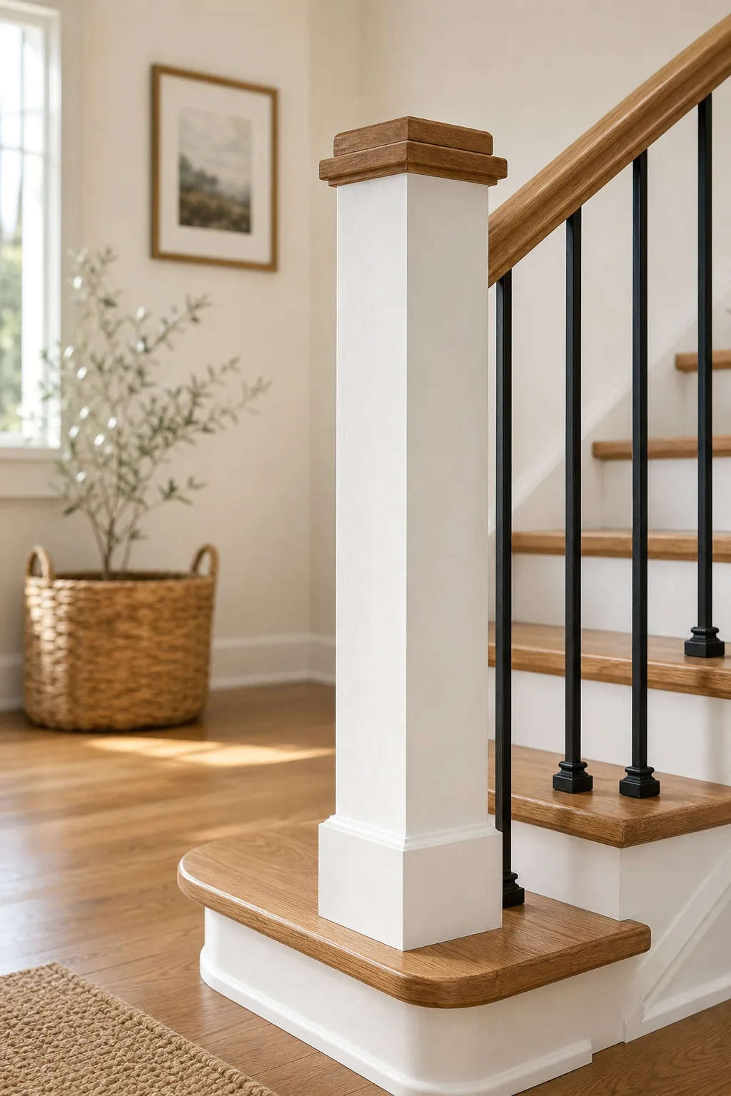 A sturdy white square newel post with a wood cap at the base of a staircase.