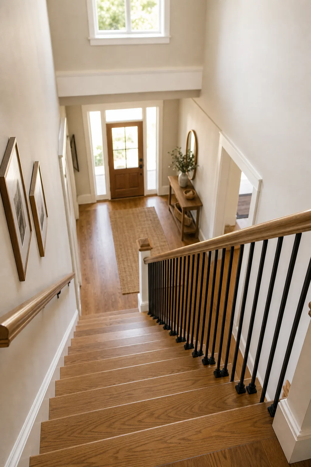 A hand resting comfortably on a smooth wooden staircase handrail.