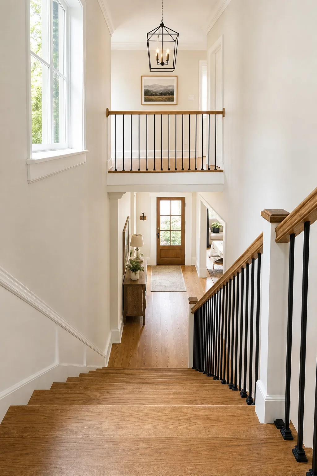 Elevated wide view looking down a modern craftsman staircase toward a bright hallway.