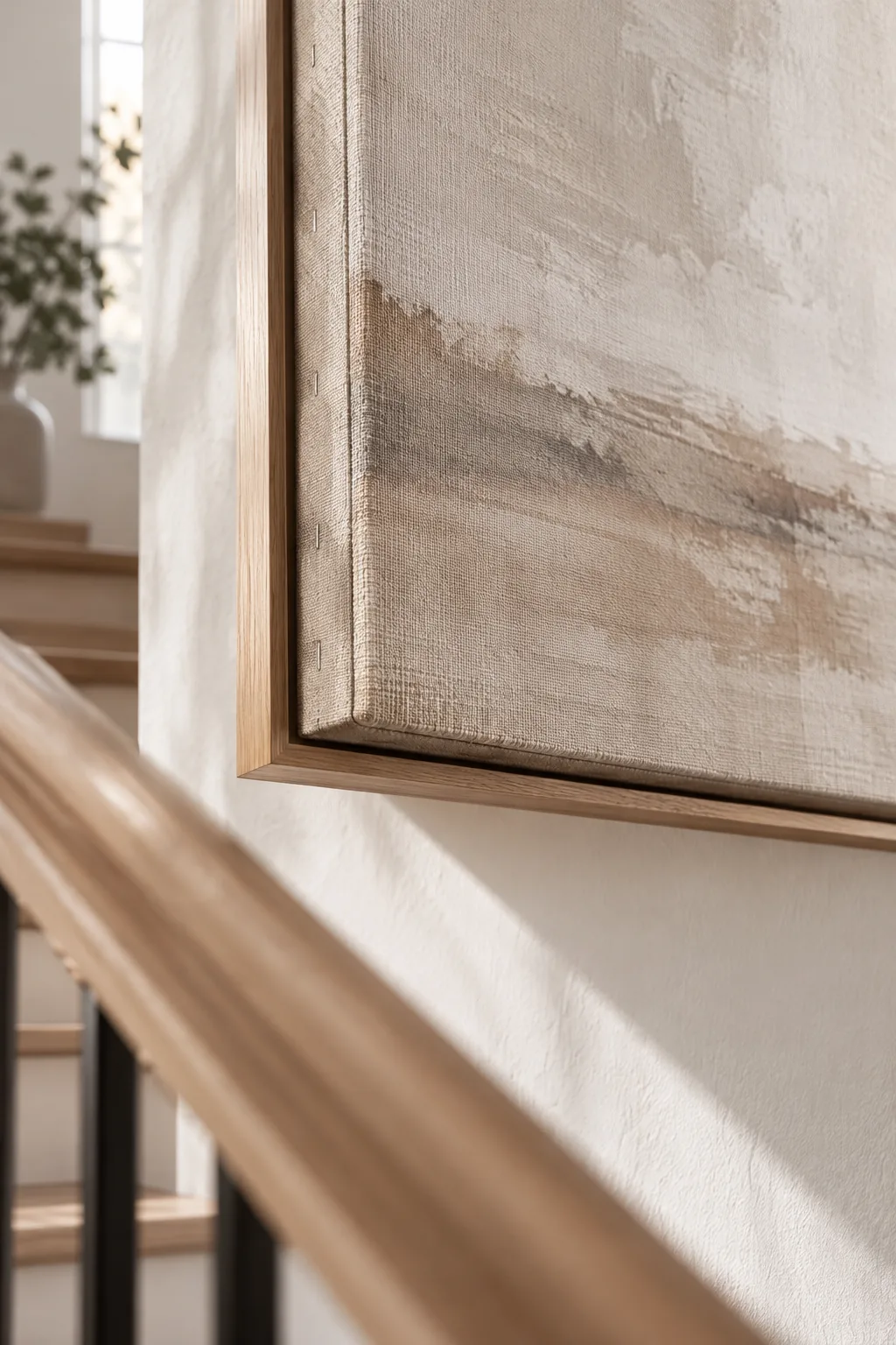 Large abstract canvas painting hanging on a white staircase wall with a brass picture light above it