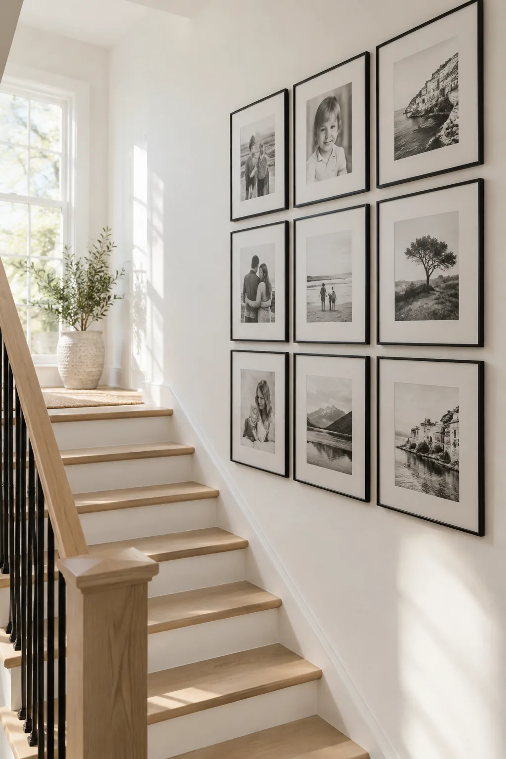 Symmetrical grid of black picture frames with white mats stepping up a staircase wall