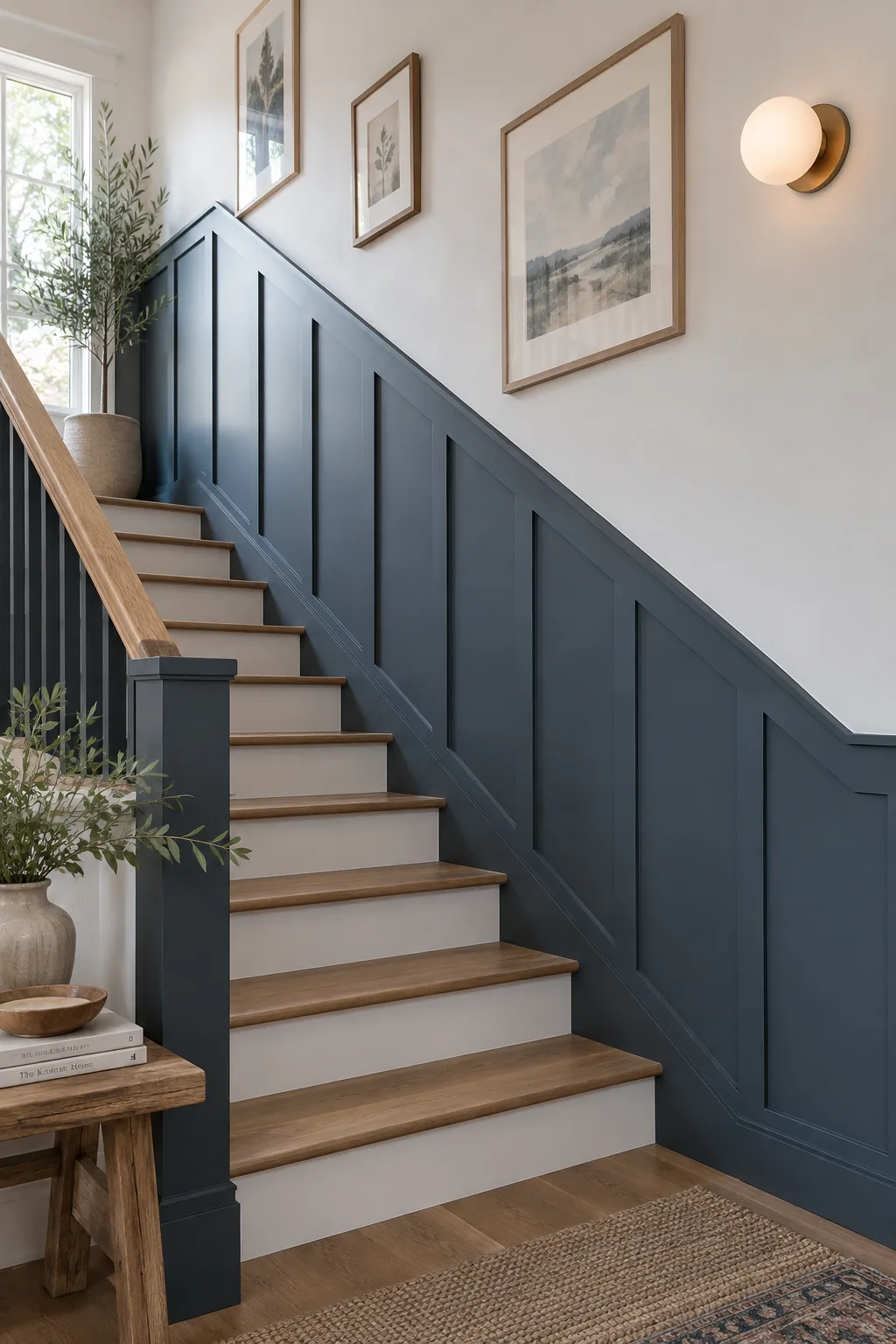 Dark green board and batten wainscoting going up a staircase with white walls above
