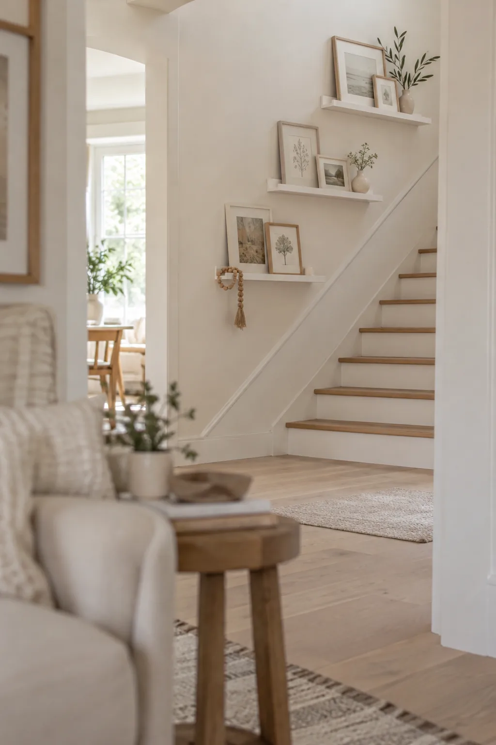Wooden picture ledges mounted on a stair wall holding layered art prints and small plants