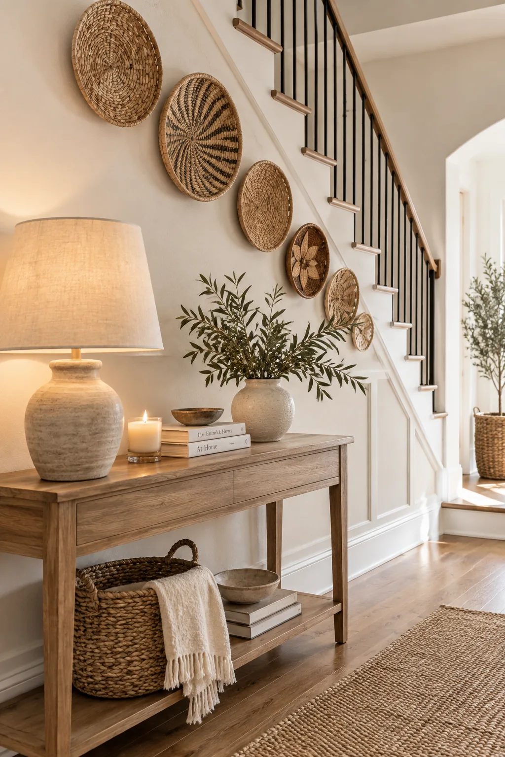 Assortment of woven African wall baskets arranged in a sweeping curve up a stair wall