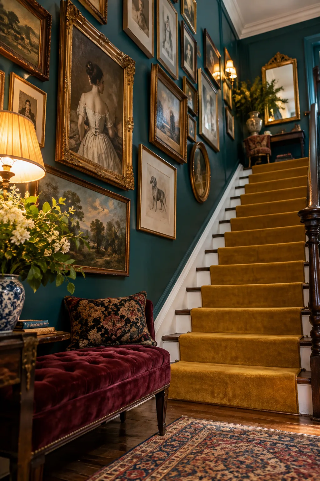 Eclectic mix of vintage oil paintings and sketches in mismatched frames on a staircase