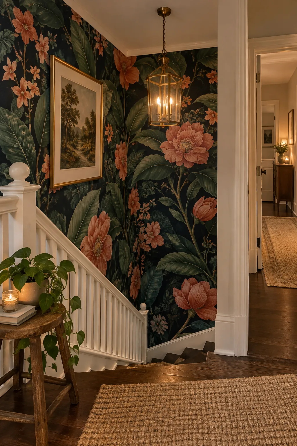 Staircase featuring a bold botanical print wallpaper accent wall