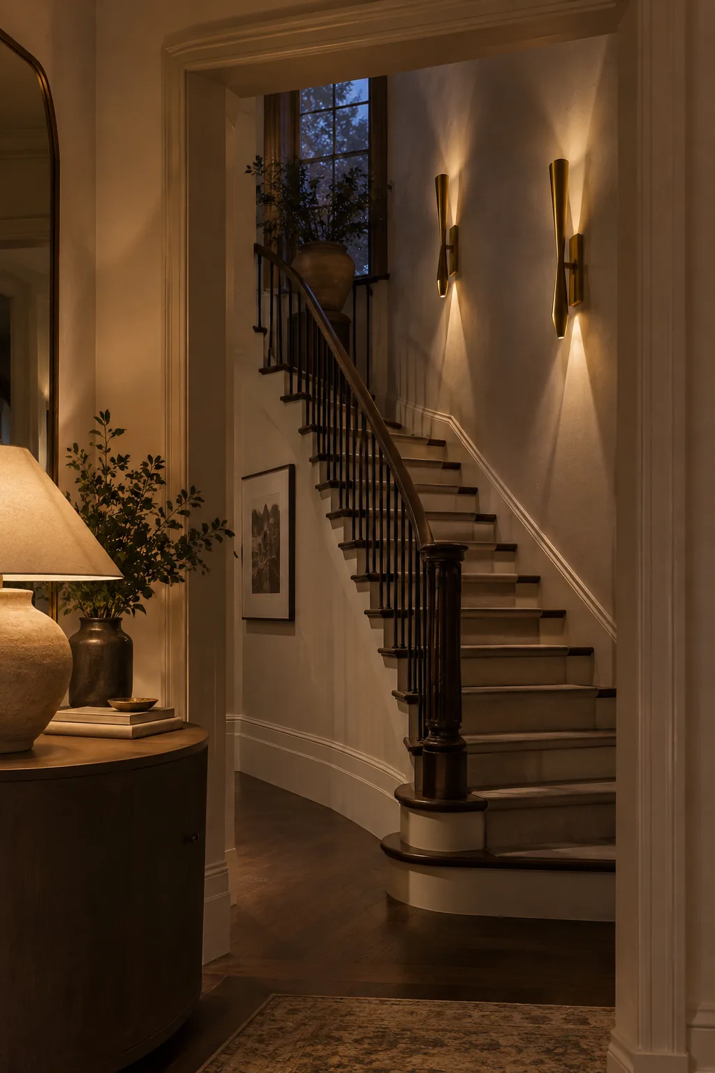 Modern brass wall sconces illuminating a minimalist white staircase