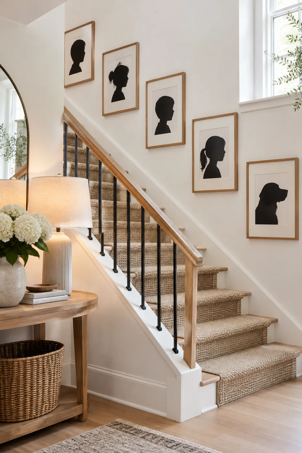 Framed black and white family silhouette portraits stepping up a staircase wall