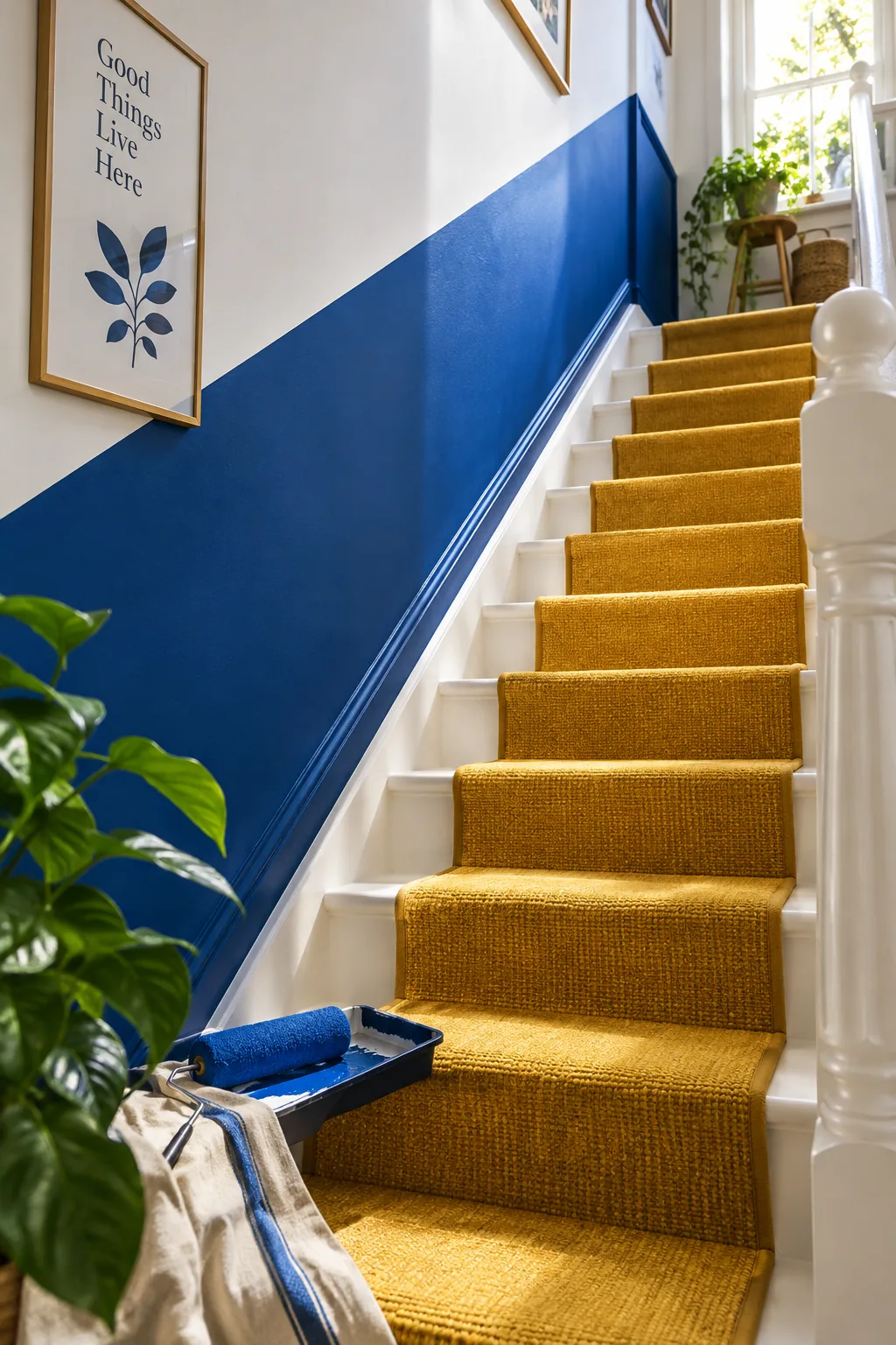 Staircase wall painted dark blue on the bottom half and white on the top half