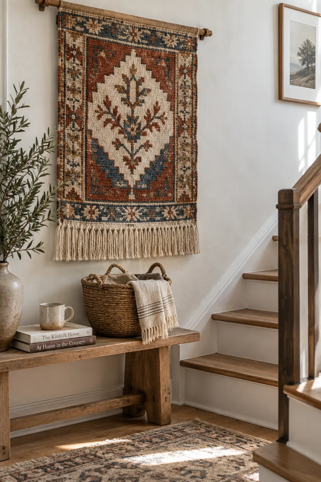 Large vintage woven tapestry hanging on a tall staircase wall
