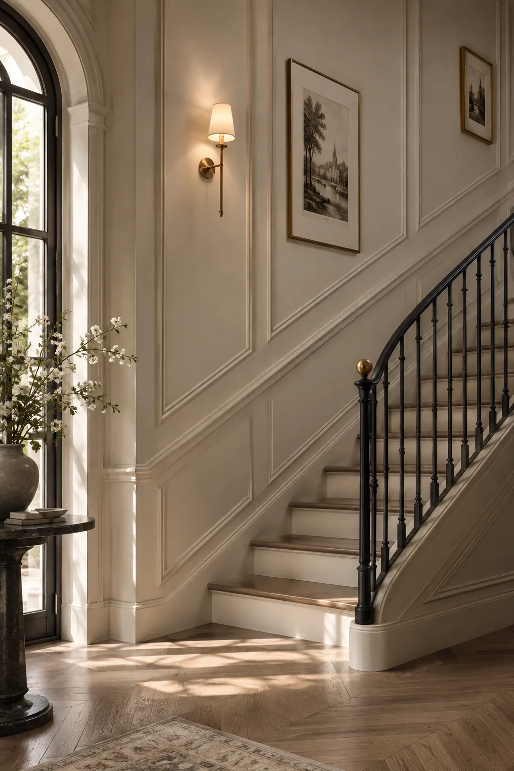 Elegant white staircase wall decorated with rectangular picture molding boxes
