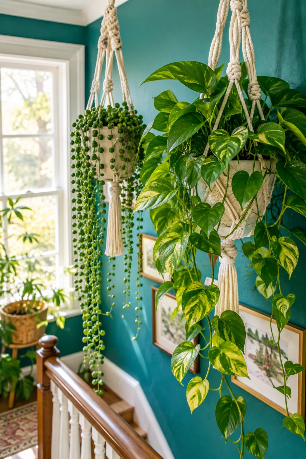 Macrame plant hangers holding trailing pothos suspended above a staircase landing