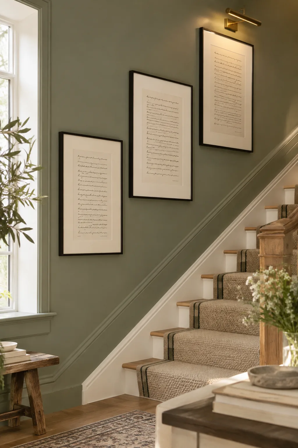 Three minimalist black frames holding a continuous typed quote stepping up a stair wall