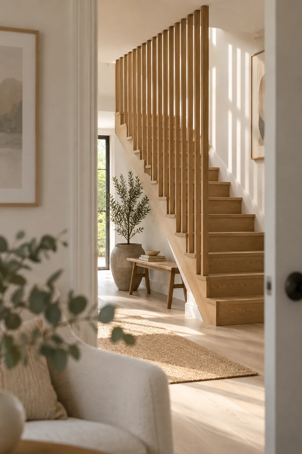 Vertical wooden slats creating a semi-transparent wall alongside a modern staircase