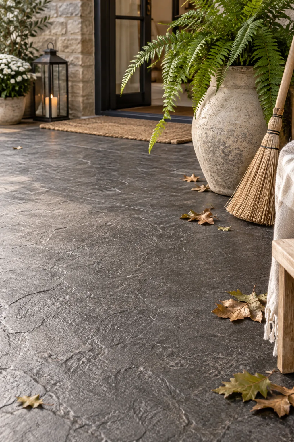 Seamless slate stamped concrete patio next to a green lawn