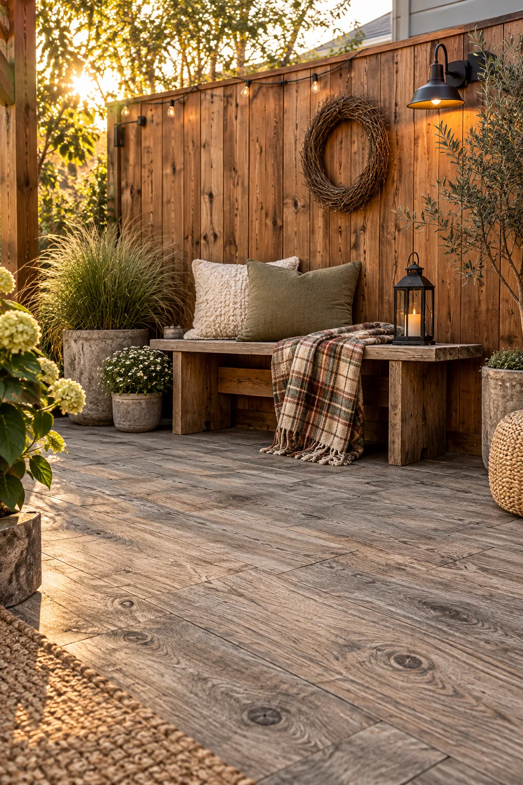 Weathered wood plank stamped concrete patio with rustic furniture
