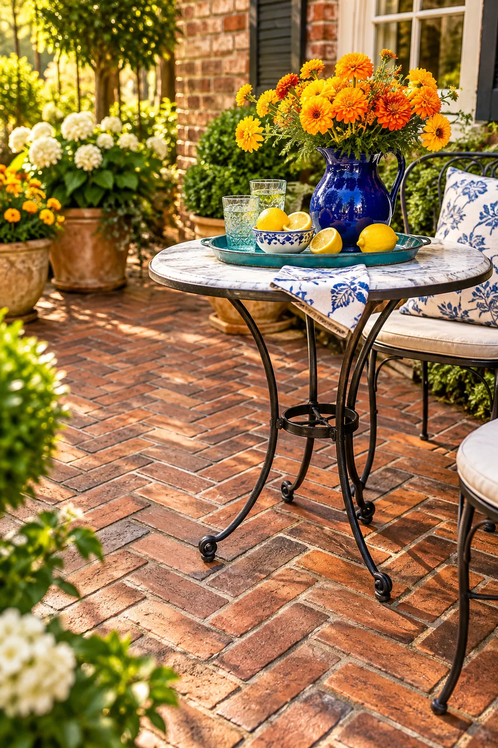 Classic red brick herringbone stamped concrete patio
