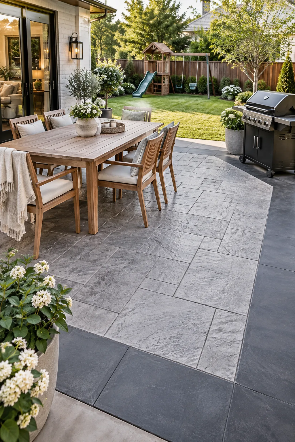 Ashlar slate stamped concrete patio with a smooth dark border