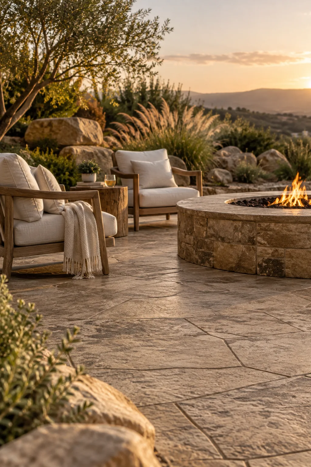 Light tan stamped concrete patio matching surrounding landscaping rocks