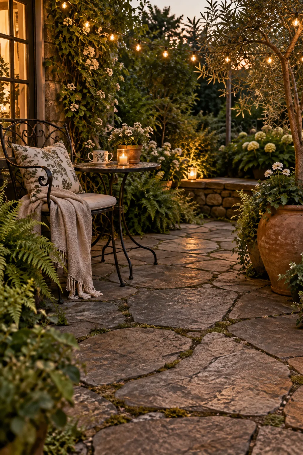 Irregular flagstone stamped concrete patio on uneven ground