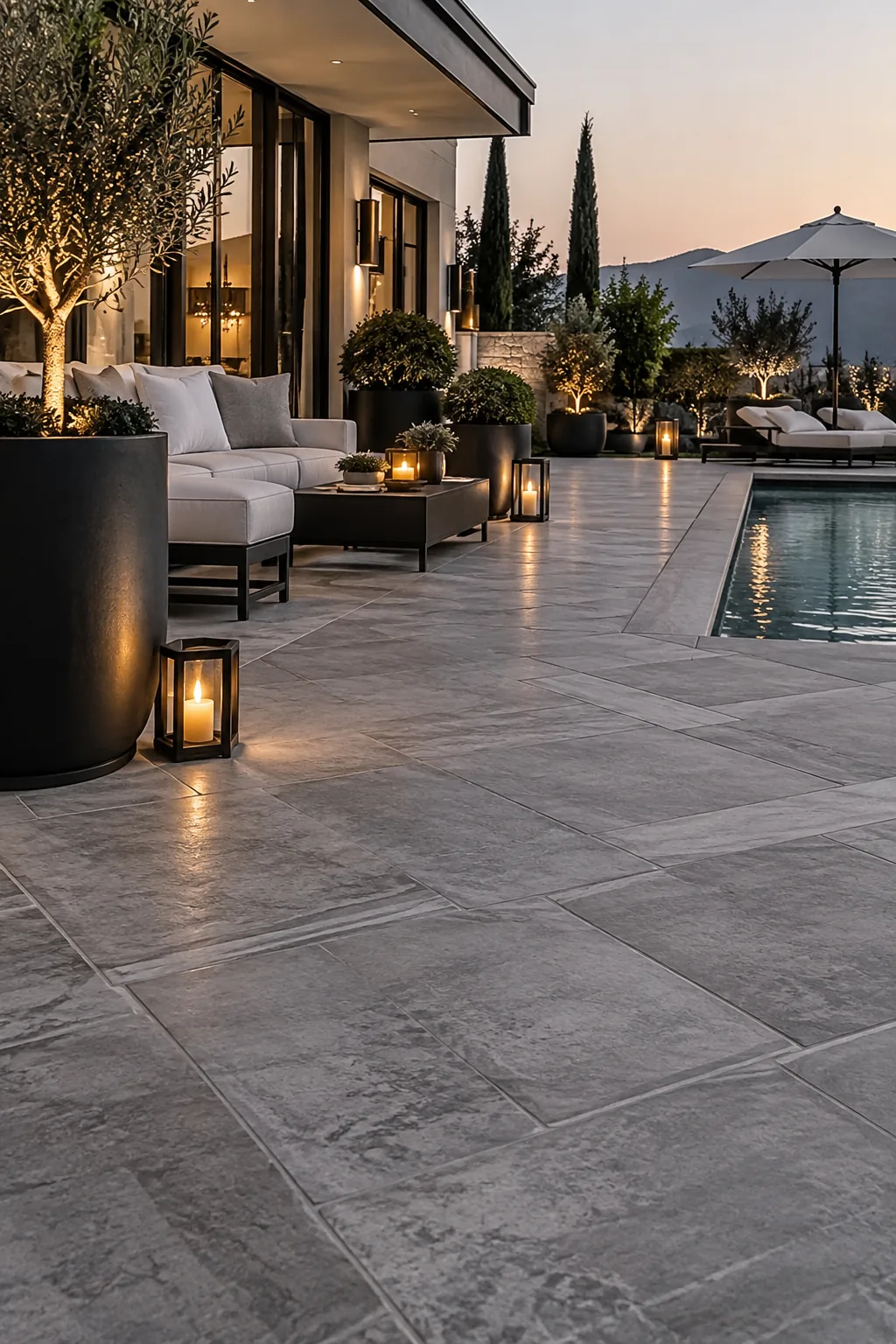 Large geometric tile stamped concrete patio in dove gray