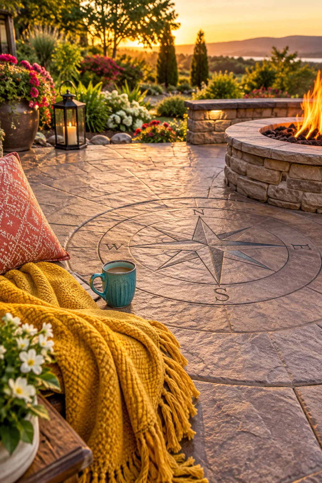 Compass rose medallion stamped in the center of a concrete patio