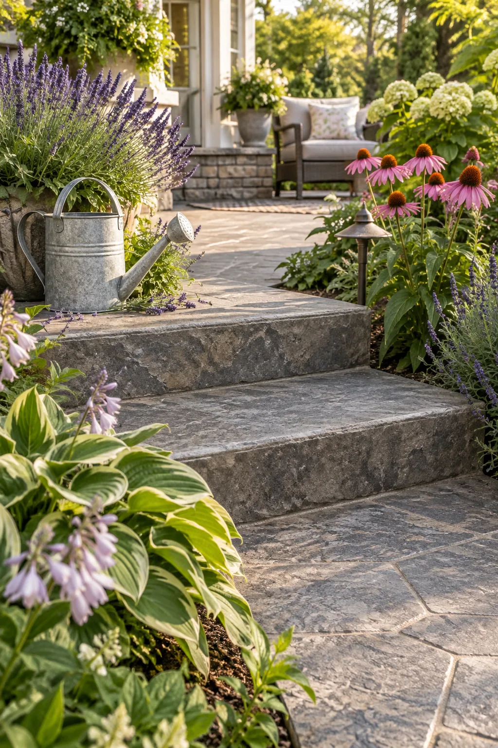 Stamped concrete steps flowing down into garden beds