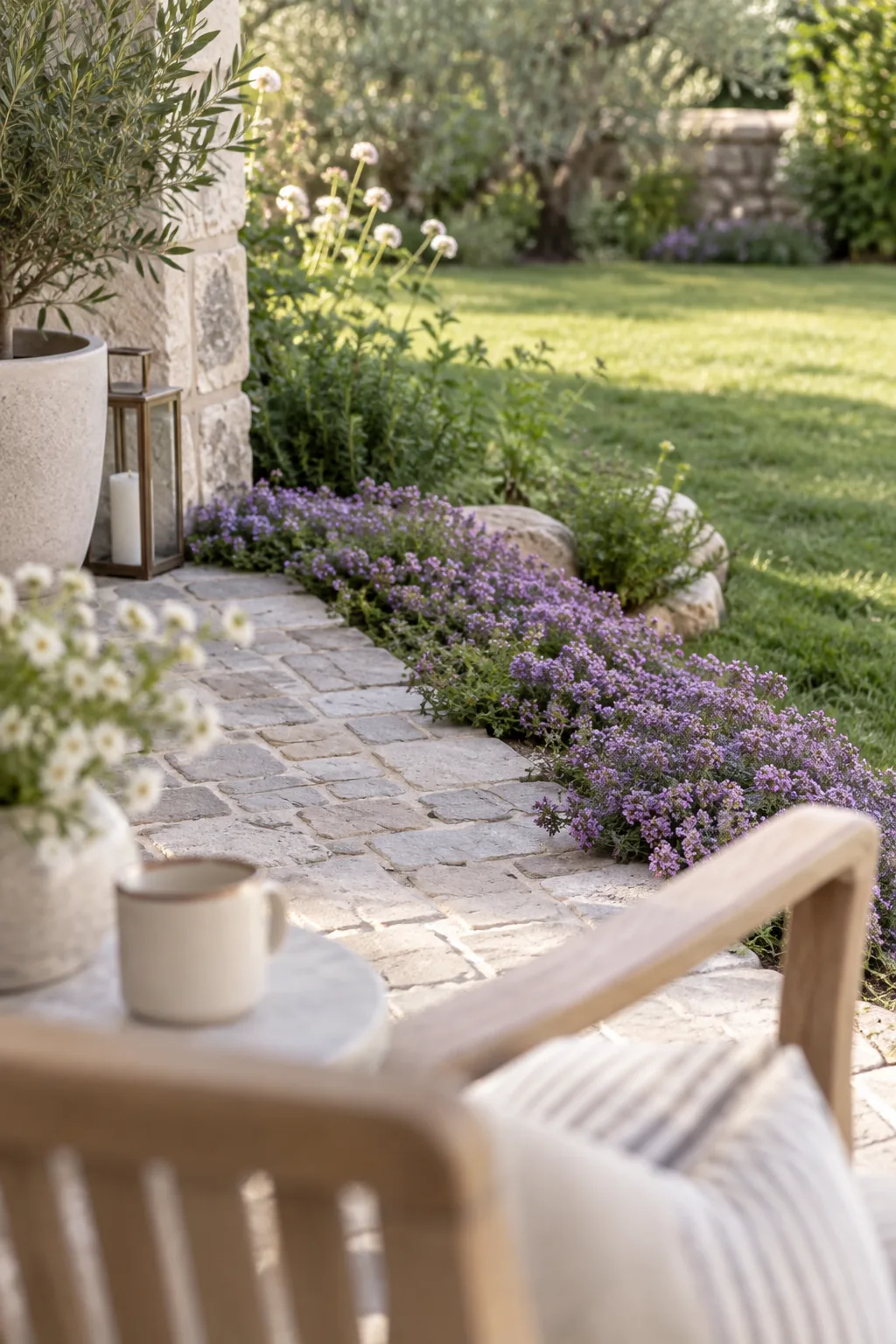 Creeping thyme growing over the edge of a cobblestone stamped concrete patio