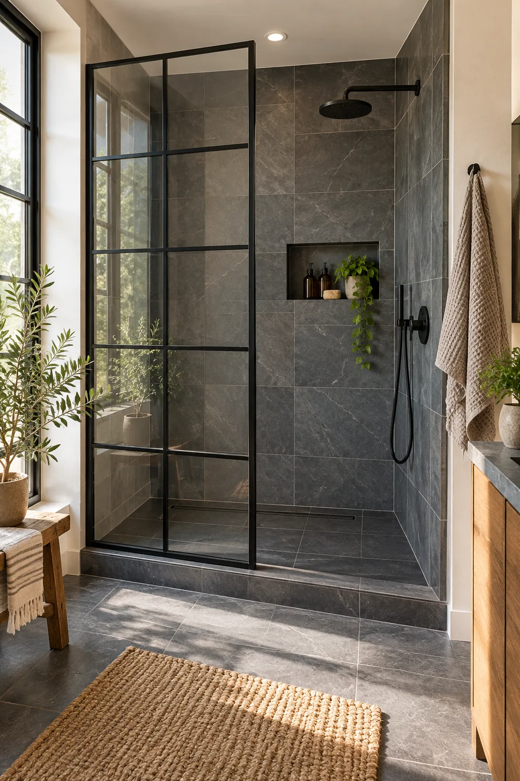 An industrial standup shower with a black grid glass panel and slate floors.