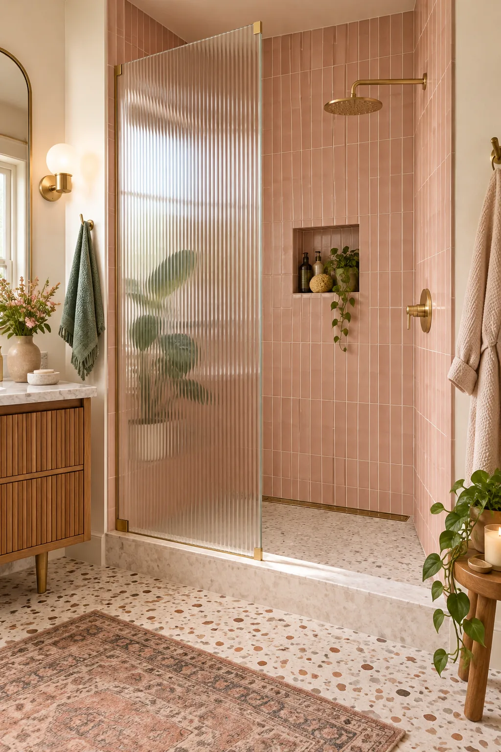 A retro glam shower with blush pink tiles, fluted glass, and terrazzo floors.