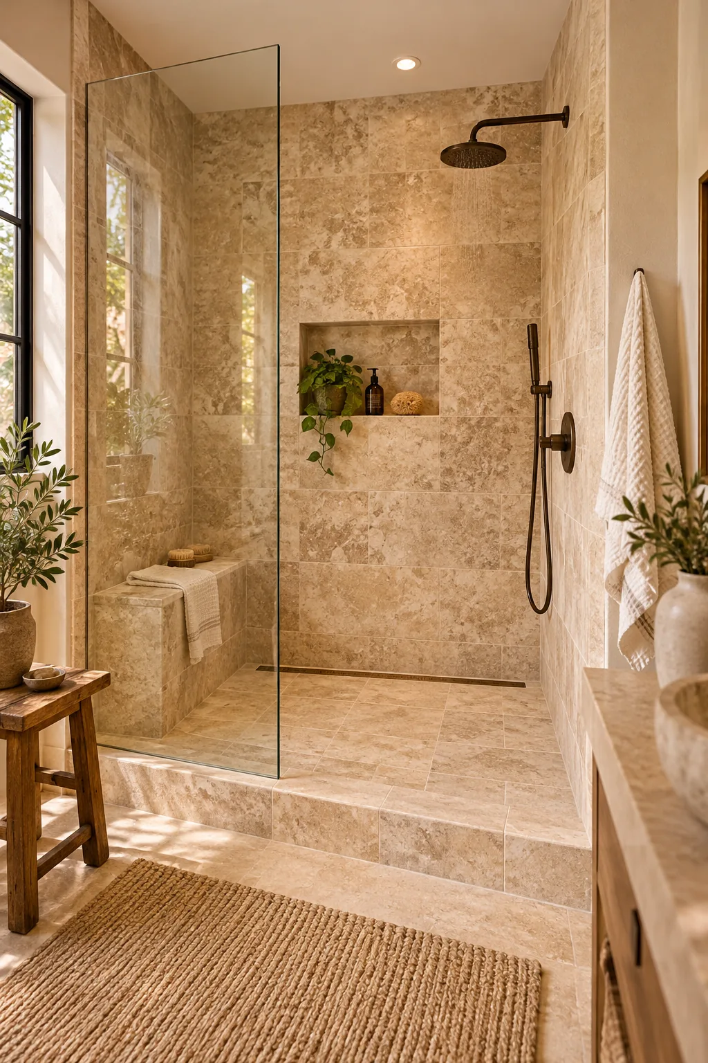 A warm organic shower clad in travertine stone with bronze fixtures.