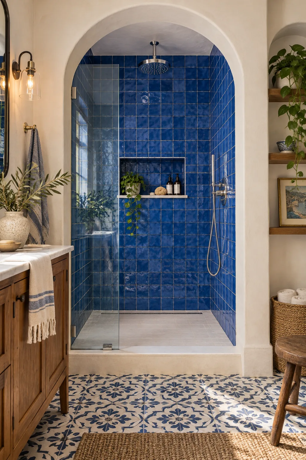 A Mediterranean shower with an arched entry and cobalt blue zellige tiles.