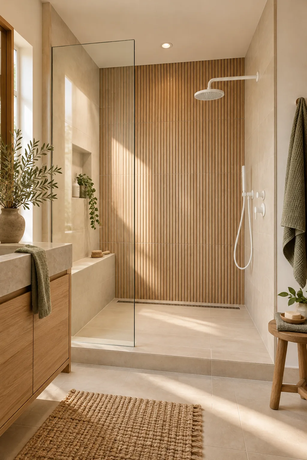 A Japandi style shower with reeded wood-look tile and matte white fixtures.