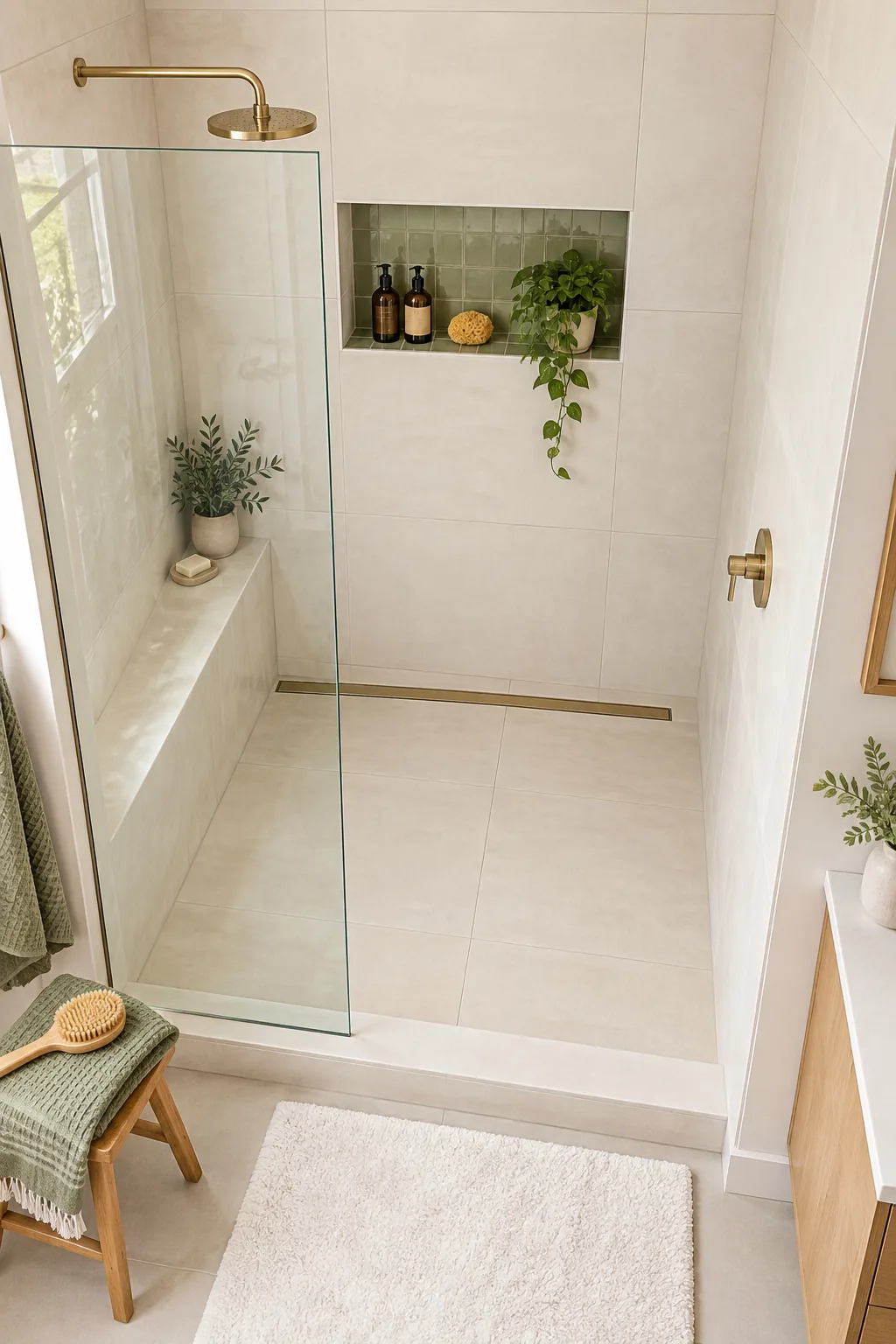 A full view of a 60-inch walk-in shower with a glass panel on the left and an open entry on the right.
