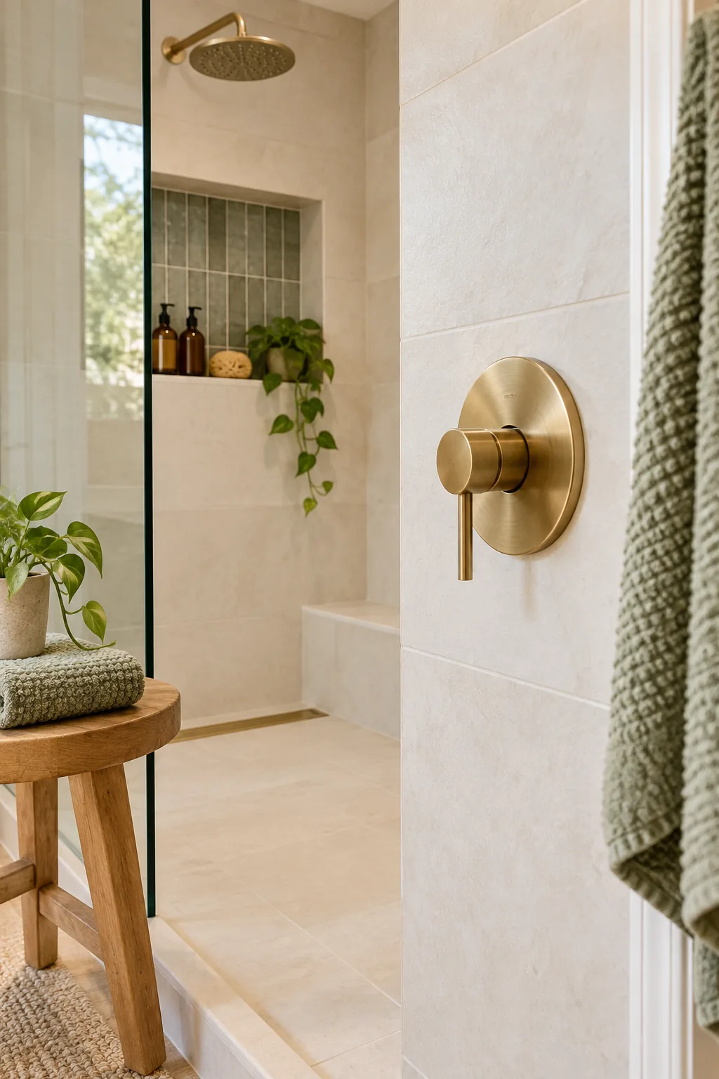 A brushed brass shower mixing valve mounted near the open entry of a glass shower.