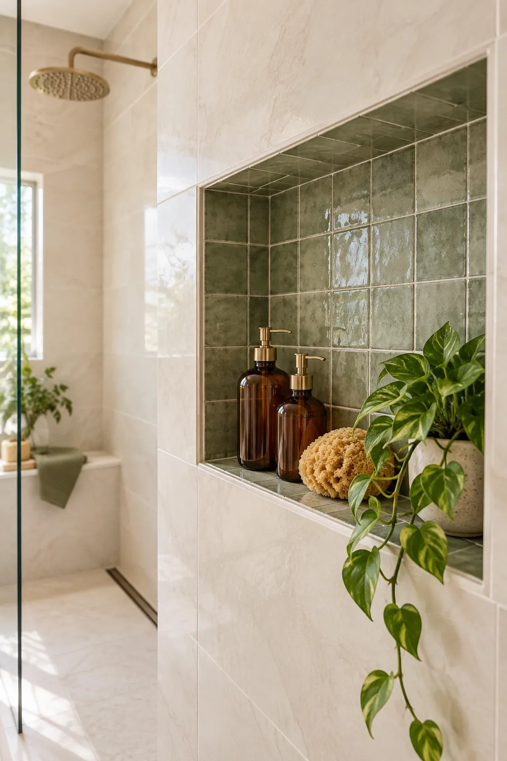 A recessed shower niche featuring sage green zellige tile and amber pump bottles.