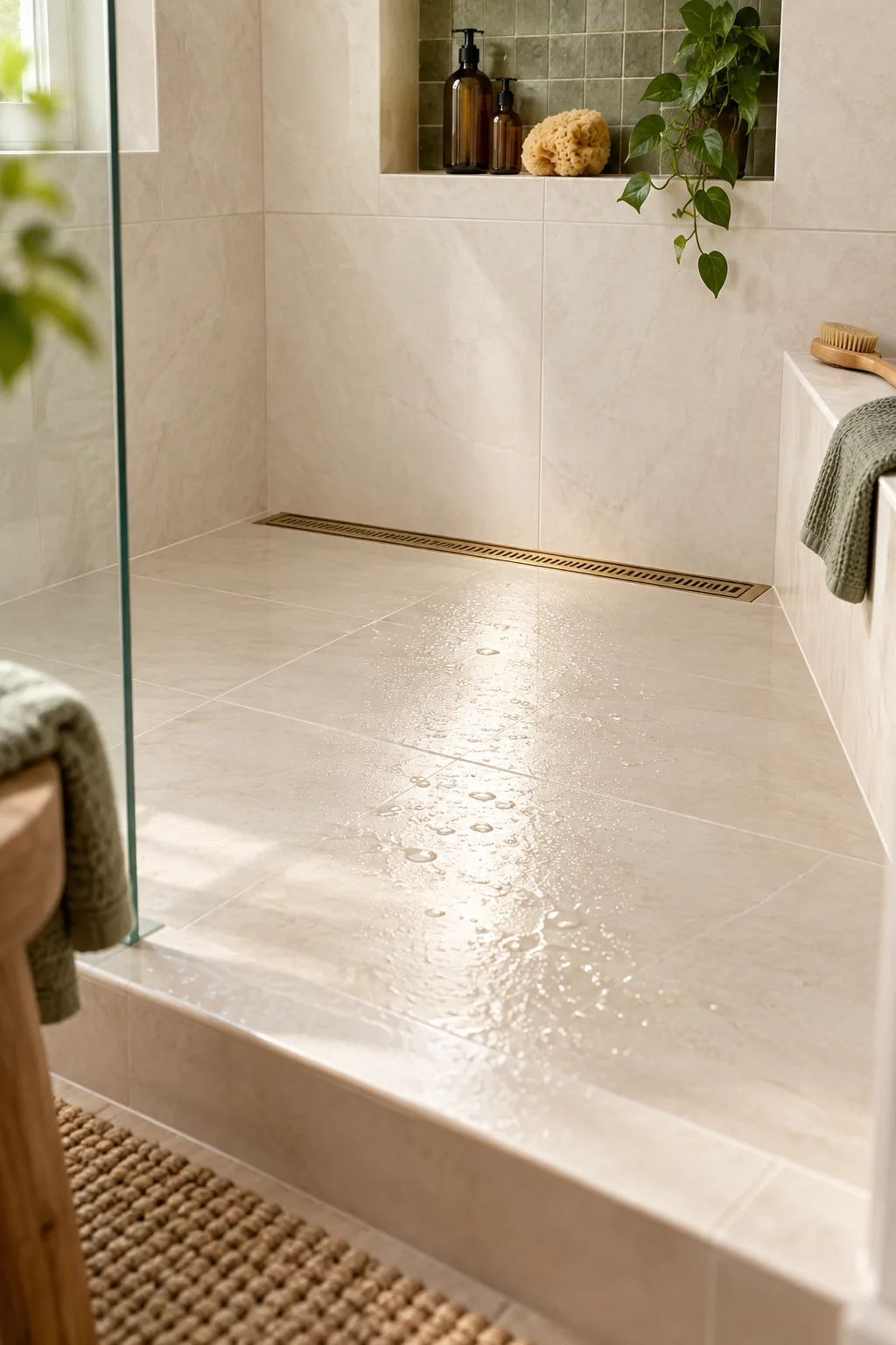 Large format warm-white porcelain tiles on a sloped shower floor.